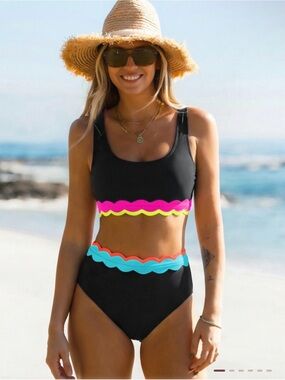 Popvil Color-Blocked Scallop High-Waisted Bikini Set